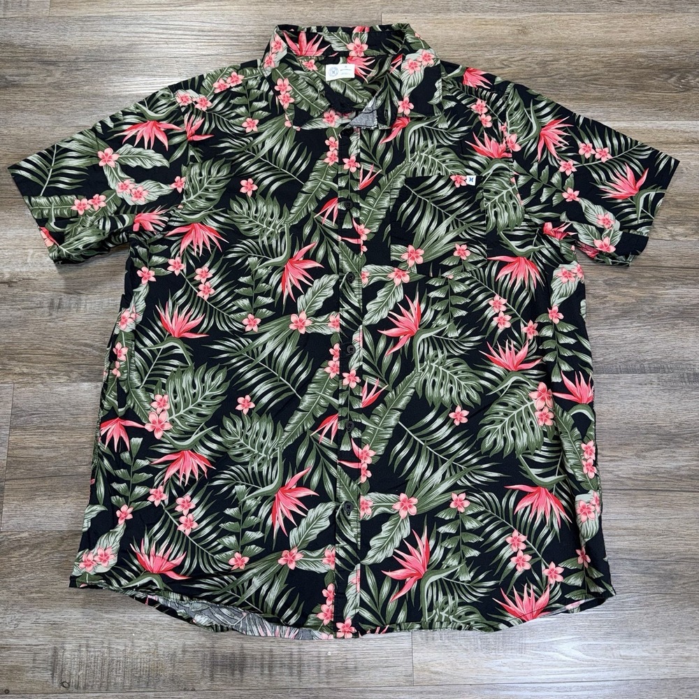 Hurley Black Short-Sleeve Woven Button-Down Shirt Mens XL Vibrant Pink Hibiscus
